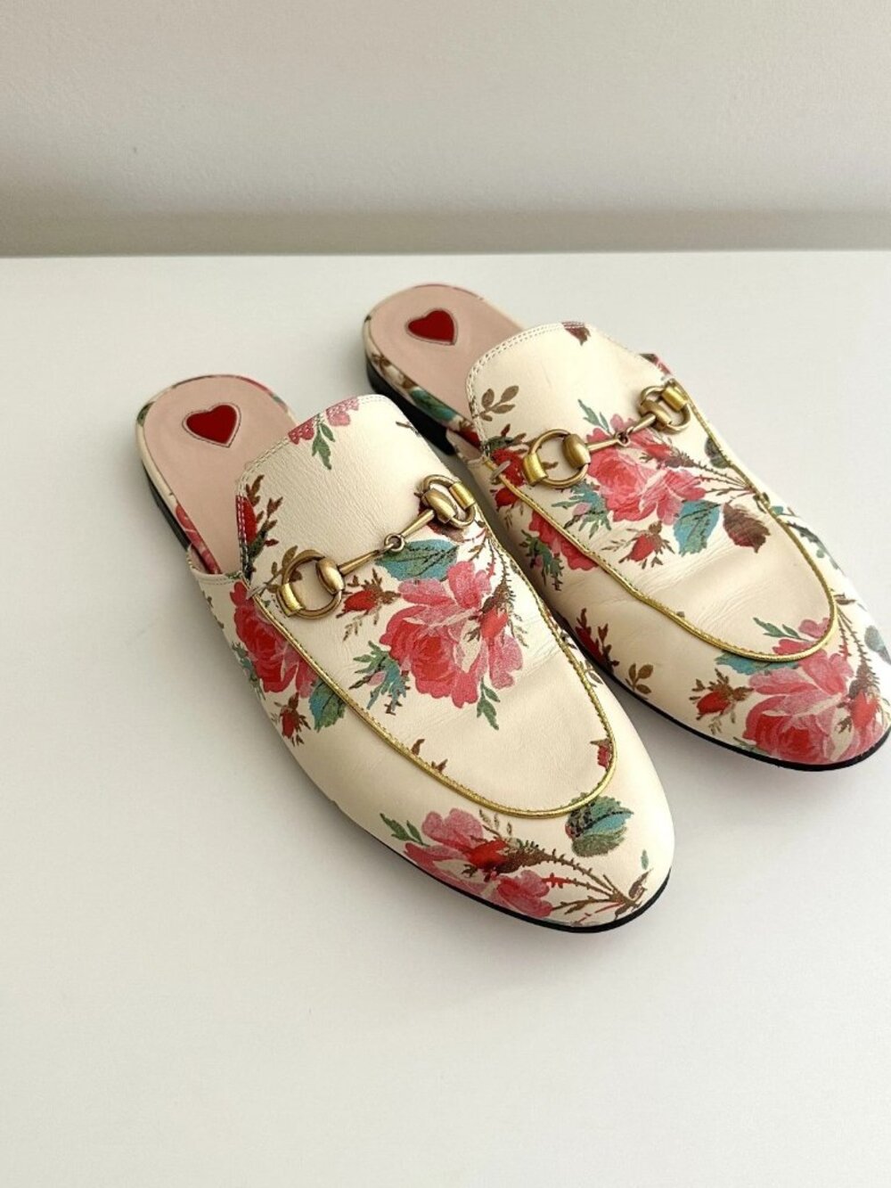 GUCCI Leather Floral Horsebit Backless Loafers Mules in Cream Multi Size 38